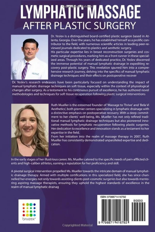 Back cover of Lymphatic Massage After Plastic Surgery featuring author bios for Dr. Max Yeslev and Ruth Mueller